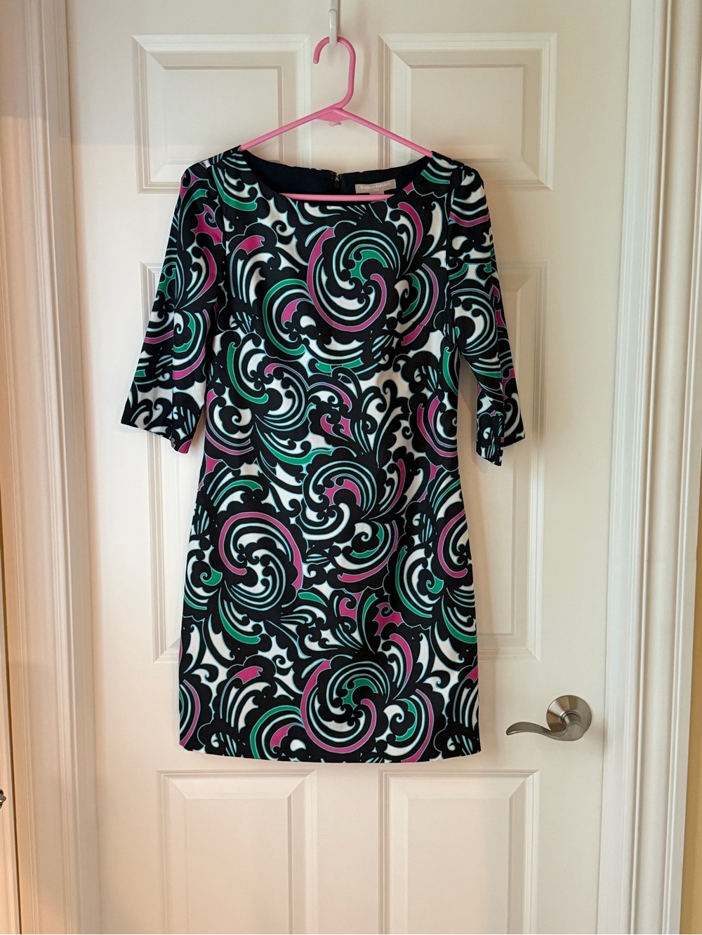Banana Republic Abstract Scroll Swirl Print Shift Dress 3/4 Sleeve Retro Sz 2